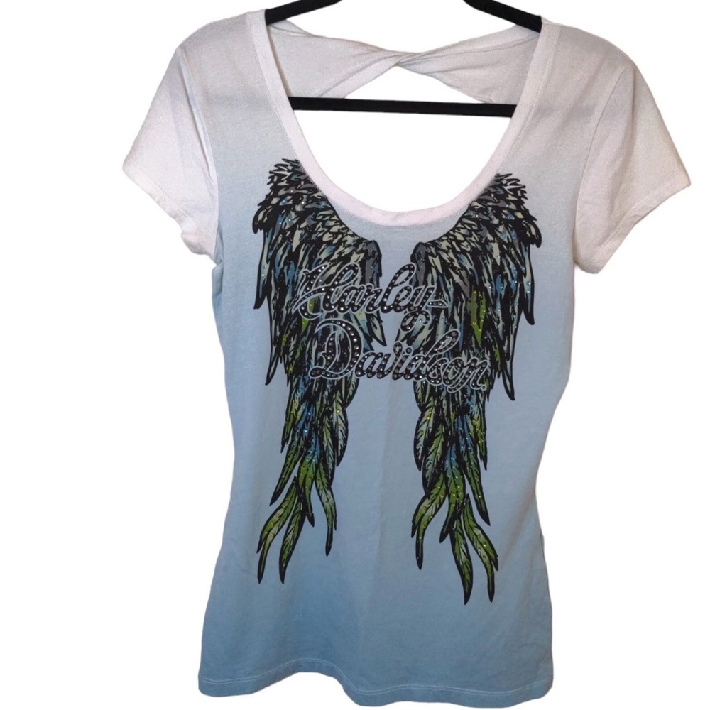 Harley Davidson Blue White Open Back Rhinestones Biker Y2K Wings Top T-Shirt Med